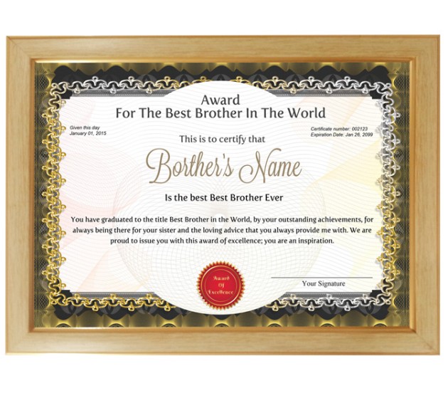 Personalized Award Certificate For Worlds Best Brother 